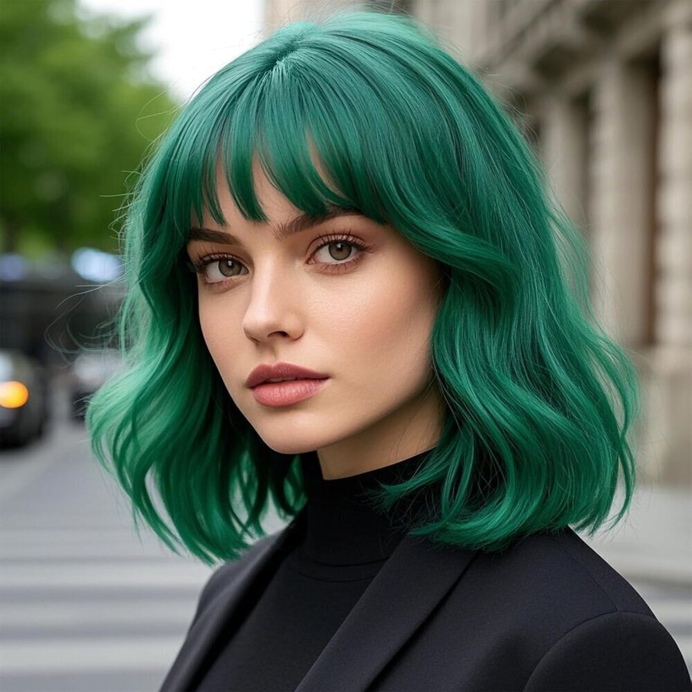 Women's Green 14 Inch Curly Synthetic Cosplay Bangs Short Bob Wavy Wigs